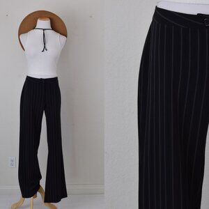Vintage 90s Low Waist Black Pinstripe Flat Front Trousers | 34 waist